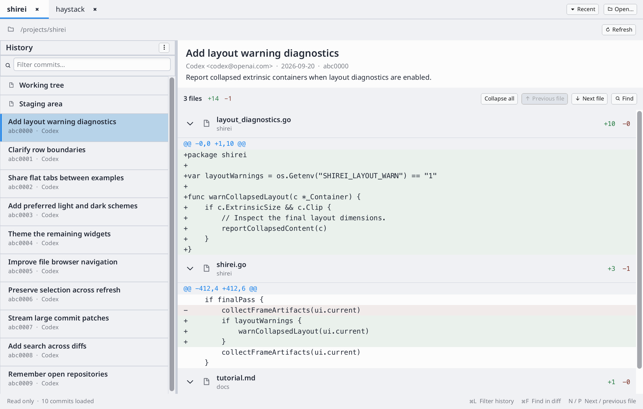 Git History commit list and unified diff in light mode