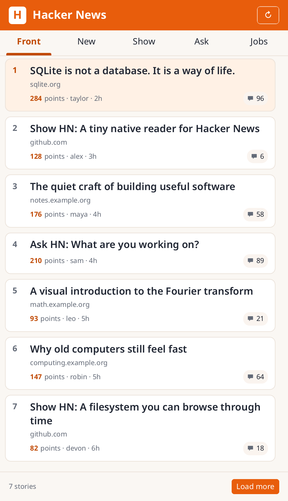 Hacker News feed in light mode