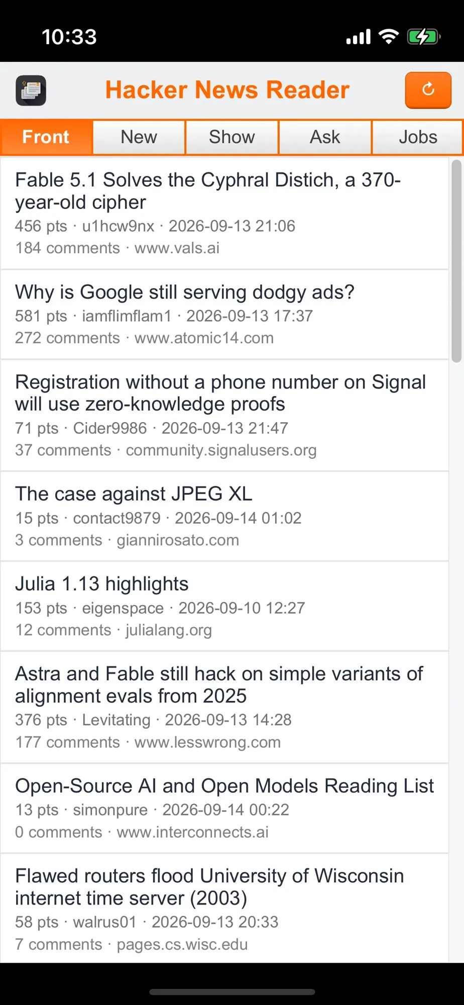 Hacker News reader showing the front-page feed on a phone