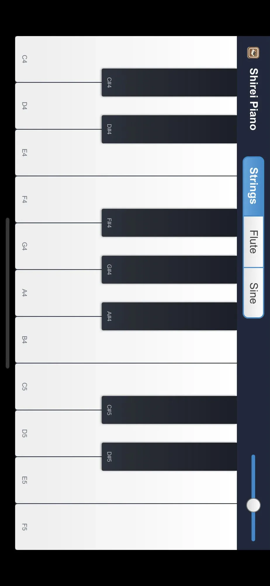 Piano app on a phone, landscape keyboard with instrument voices