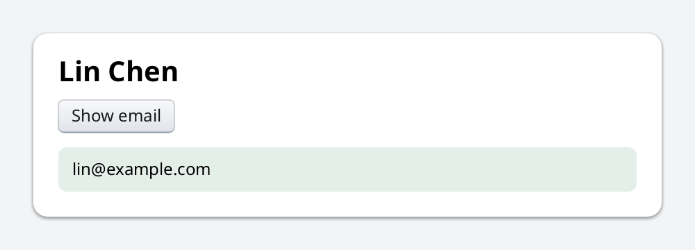 Rendered contact card with a button and conditionally visible email address