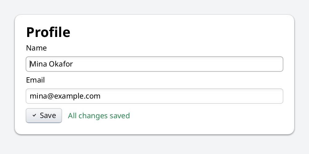 Rendered profile form with name and email text fields and a Save button